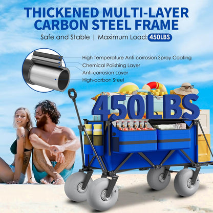 Beach Wagon with Big Wheels for Sand - 450lbs Load Heavy Duty Wagons Carts Foldable with 9" All