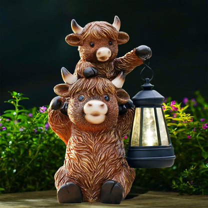 Goodeco 9.5 Inch Highland Cattle with Solar Lantern – Resin Garden Decor, Outdoor Statue & Unique