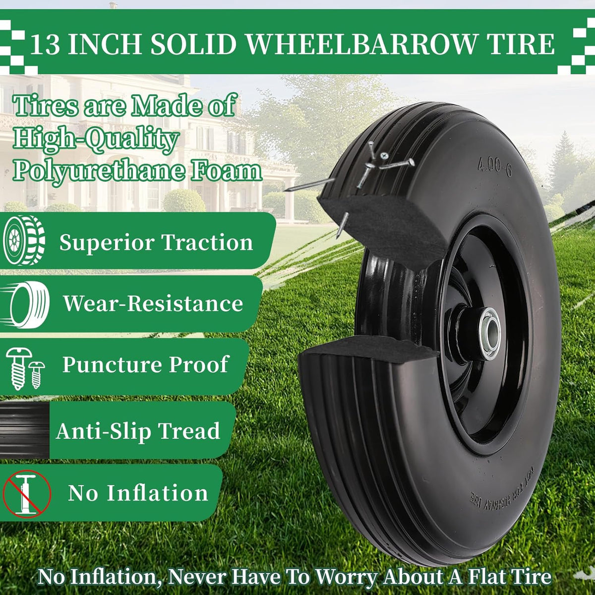 RRQ 4.00-6 Flat Free Tire and Wheel, 13" Solid Wheelbarrow Tire with 1.75" Centered Hub and 3/4"
