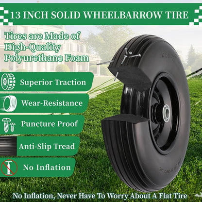 RRQ 4.00-6 Flat Free Tire and Wheel, 13" Solid Wheelbarrow Tire with 1.75" Centered Hub and 3/4"