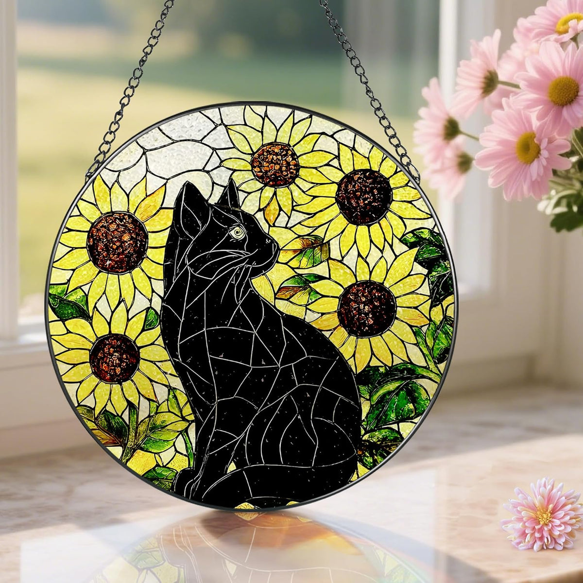 Stained Glass Window Hanging, Pauyadu 8 Inch Sunflower Black Cat Stained Glass Suncatcher, Cats