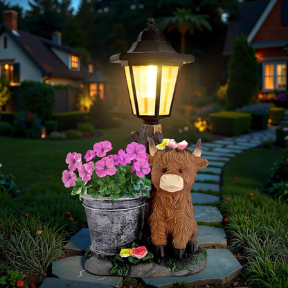 Solar Highland Cow Outdoor Statues, Garden Sculptures with Flowerpot Decor & Solar Lantern for Yard