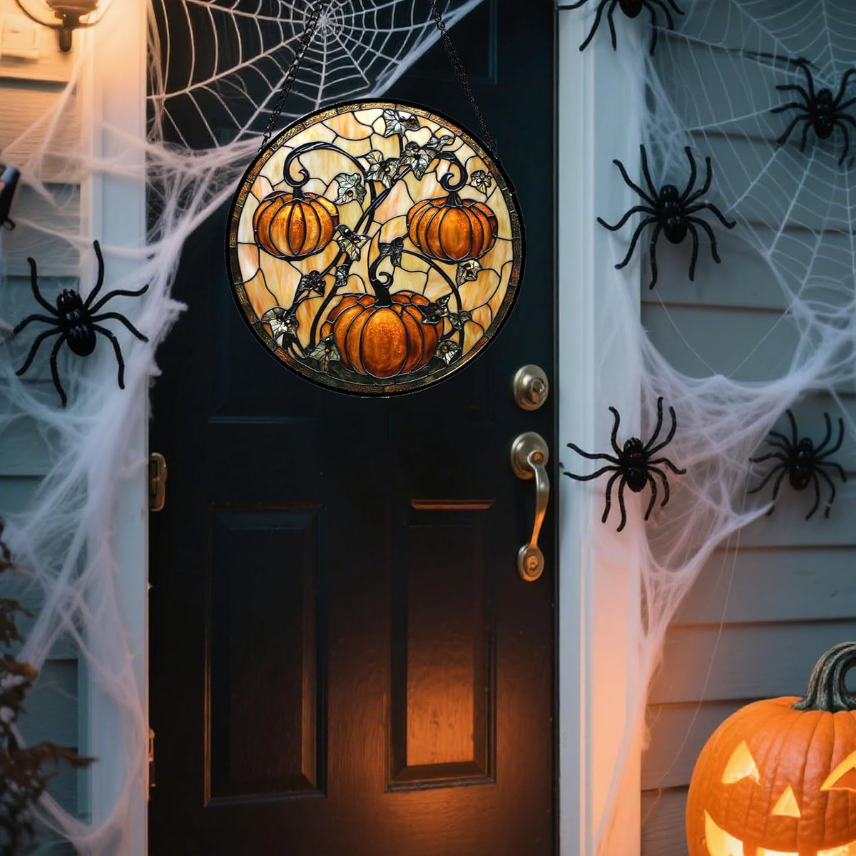 Stained Glass Window Hanging - Halloween Decoration Orange Pumpkin Vine Leaves Suncatcher for Door