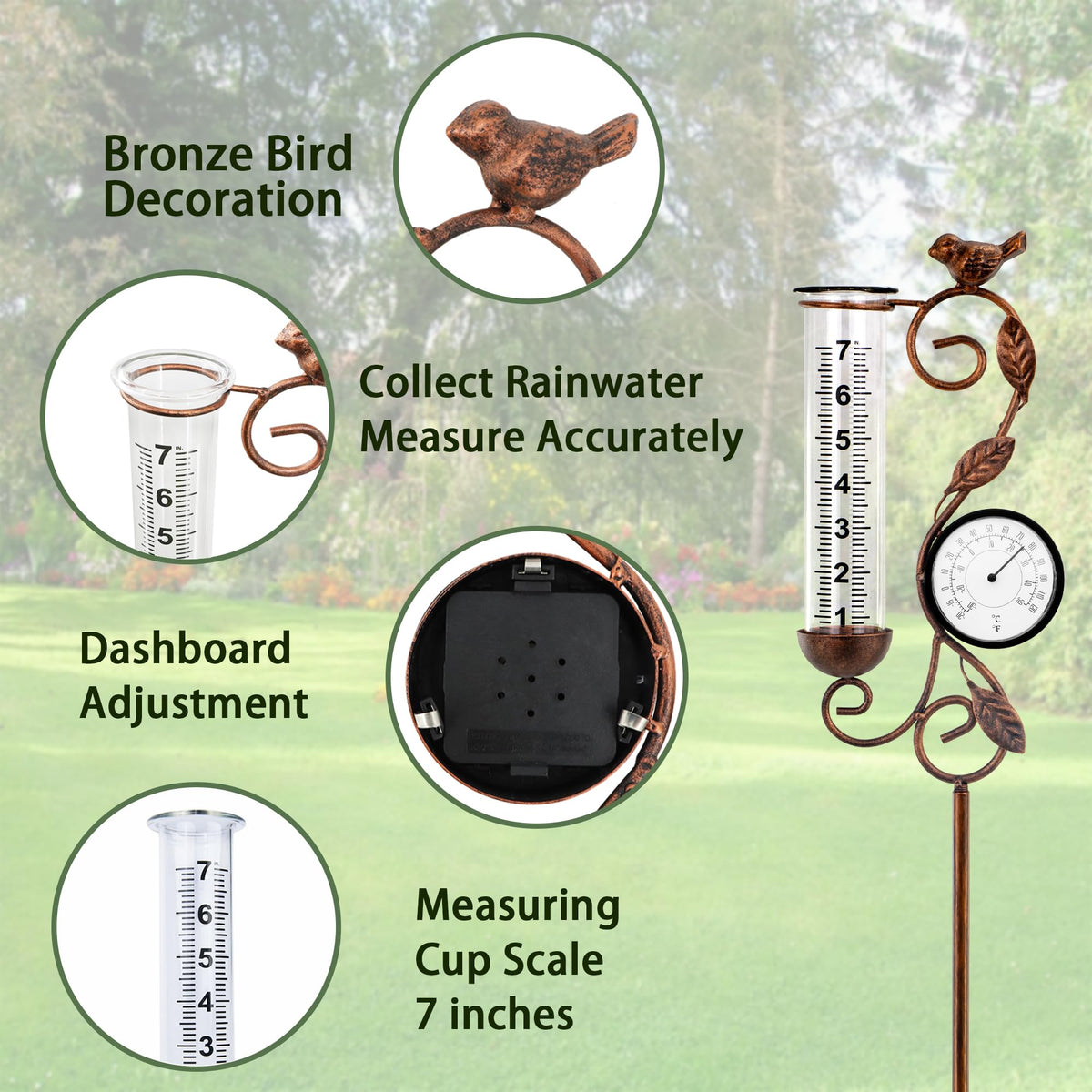 32" Garden Rain Gauge with Thermometer - 7" Glass Tube for Outdoor Indoor Use, Patio Yard Decor