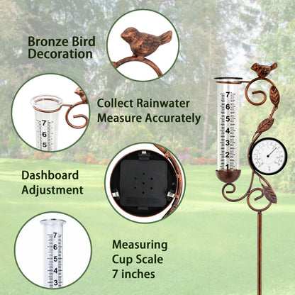 32" Garden Rain Gauge with Thermometer - 7" Glass Tube for Outdoor Indoor Use, Patio Yard Decor