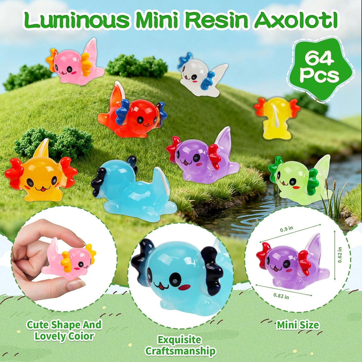 64Pcs Luminous Mini Resin Axolotl 8 Colors Glow in The Dark Small Little Resin Axolot to Hide Bulk