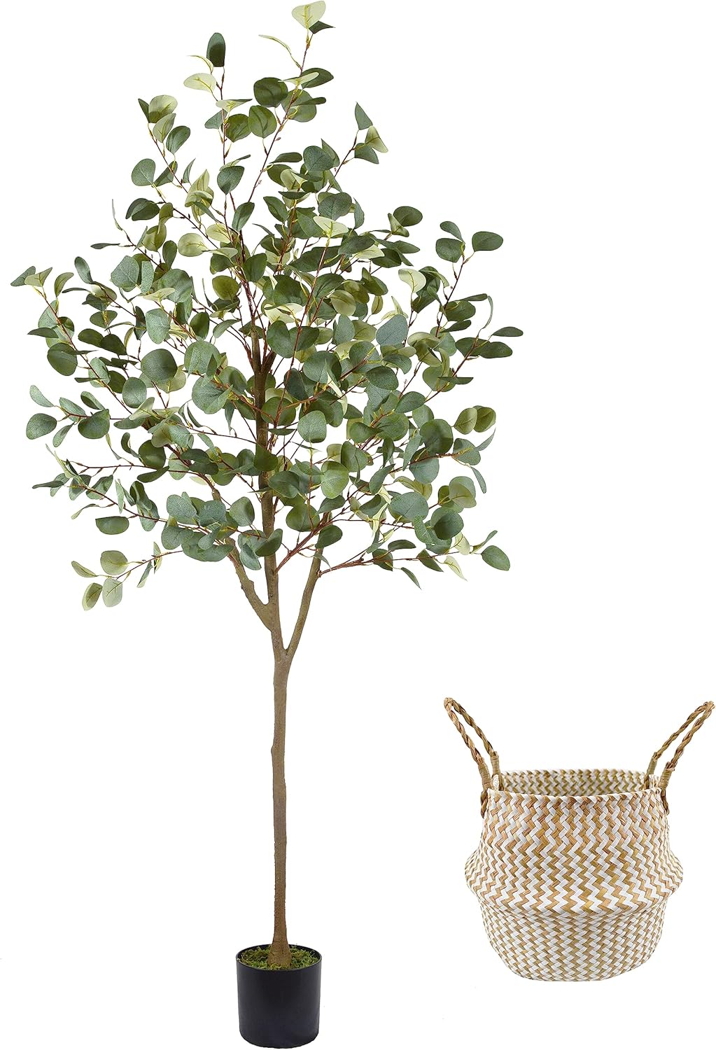 Artificial Eucalyptus Tree, 6ft Tall Fake Eucalyptus Plant with Basket, Green Silver Dollars Silk