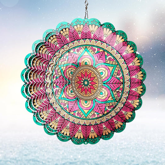 Mandala Manjusaka Wind Spinner - 12″ Stainless Steel Hanging Sculptures | 3D Kinetic Laser Cut