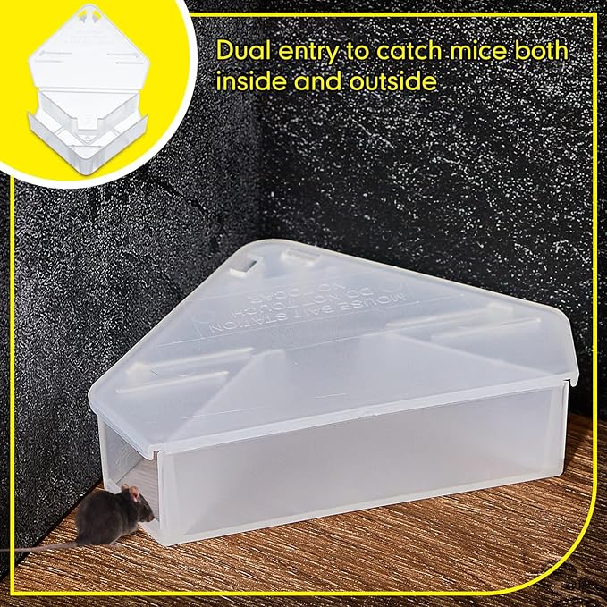 Qualirey 6 Pcs Mice Station with Key Triangle Bait Station Reusable Rodent Trap Bait Box, Keeps