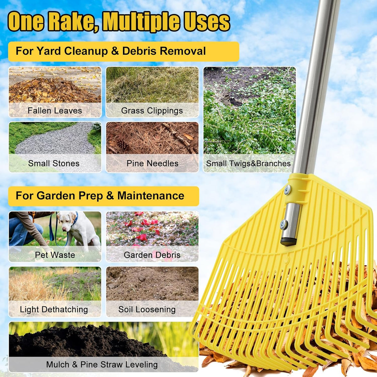 Plastic Leaf Rake for Lawns - Lightweight & Easy Yard Rakes for Leaves, Grass, Pine