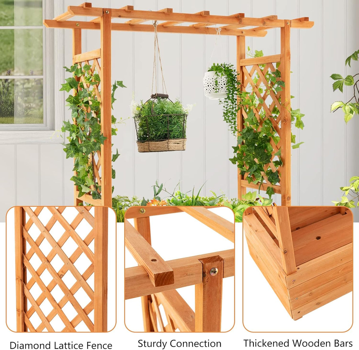 S AFSTAR Raised Garden Bed with Arch Trellis, Wood Planter Box with Hanging Roof, Side Trellis, 4