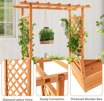 S AFSTAR Raised Garden Bed with Arch Trellis, Wood Planter Box with Hanging Roof, Side Trellis, 4