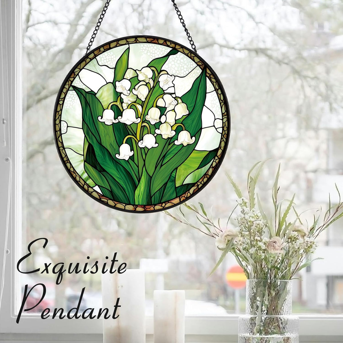 Lily of The Valley Flower Suncatcher -7.9 in Stained Glass Window Hanging Sun Catcher Garden Decor