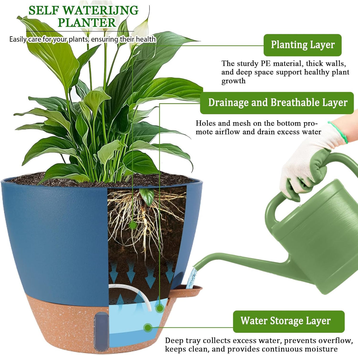 2 Pack 10 inch Plant Pots, Plastic Self Watering Planters with Drainage Holes, Deep Reservoir