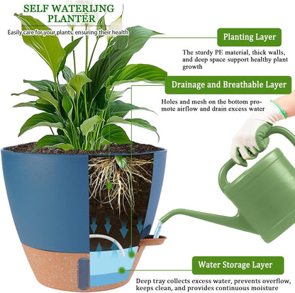 2 Pack 10 inch Plant Pots, Plastic Self Watering Planters with Drainage Holes, Deep Reservoir
