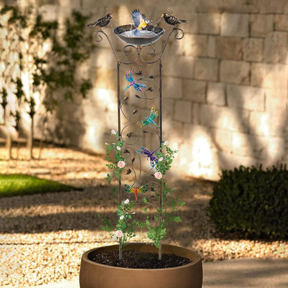 SUNNYPARK Bird Bath with Trellis Outdoor, Antique Garden Iron Plant Trellis with Decorative