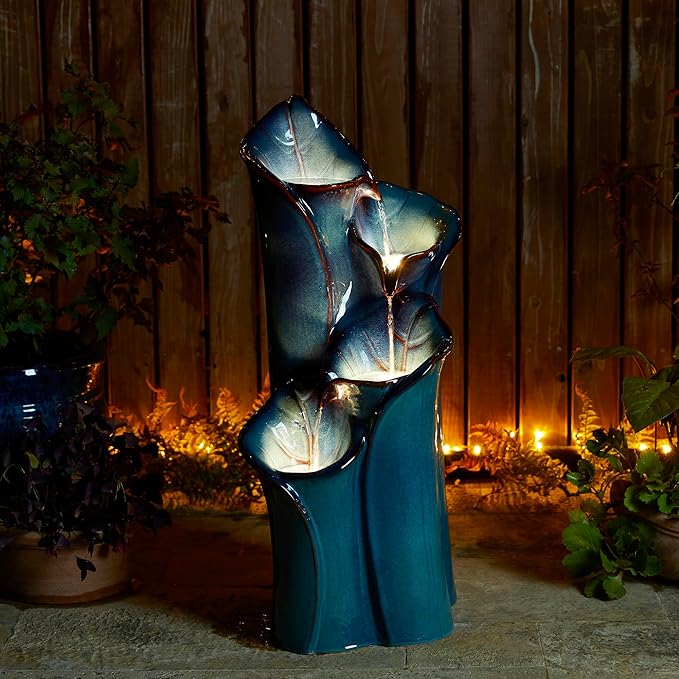 Glitzhome 31.25" H Outdoor Water Fountain with LED Lights and Pump, 4 Tier Turquoise Lotus Leaf