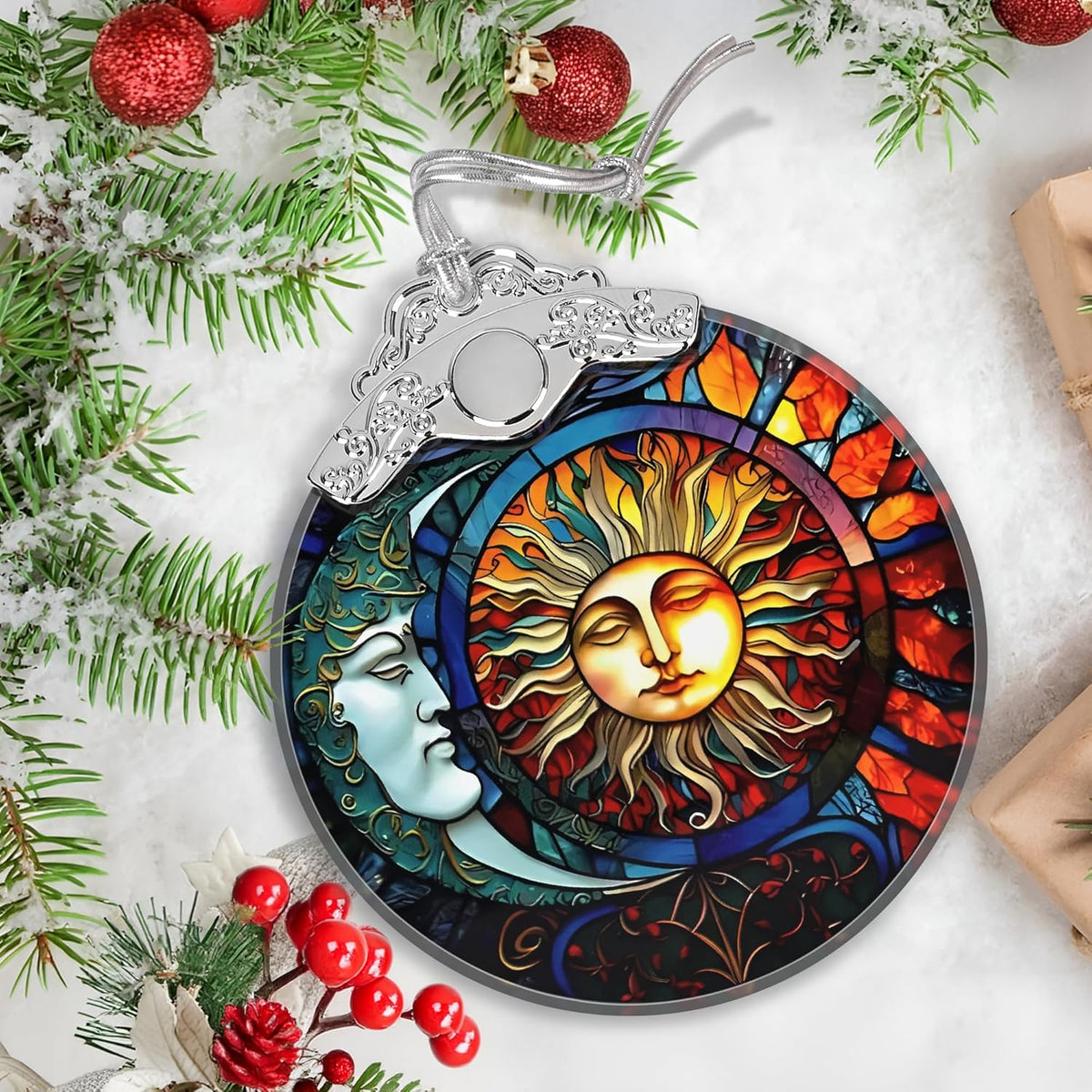 Stained Glass Sun and Moon Ornament - Christmas Ornaments - Christmas Tree Decorations - Holiday