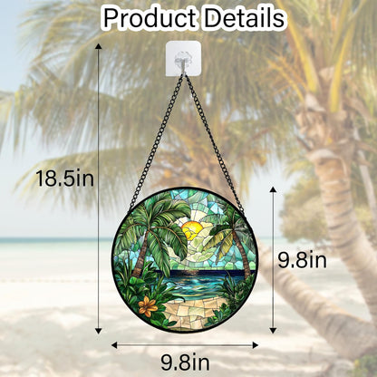 Stained Glass Window Hanging, Green Beach Scenery Suncatcher Diamond Glass Panel Hangings Sun