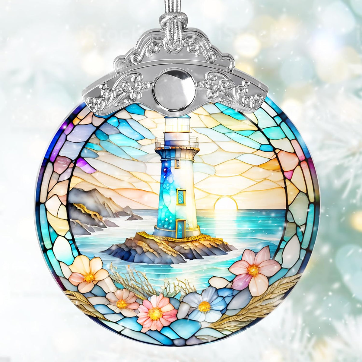 Stained Glass Suncatcher, Jocidea Lighthouse Ornament, Christmas Ornaments, Holidays Ornaments
