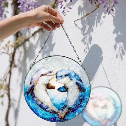 Stained Glass Window Hanging, 8 Inch Dolphin Sun Catcher Decor, Stained Glass Ornament, Suncatchers