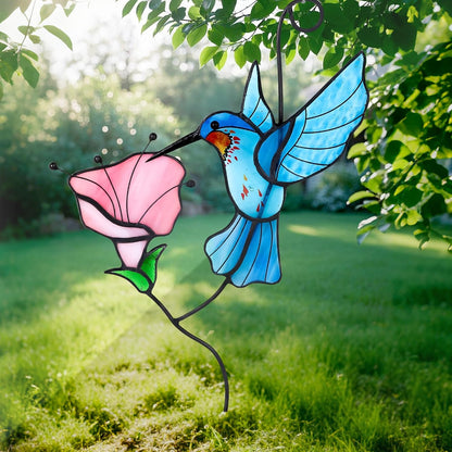 Handmade Stained Glass Hummingbird Suncatcher, Blue Bird with Pink Flower Window Hanging Decor, Art