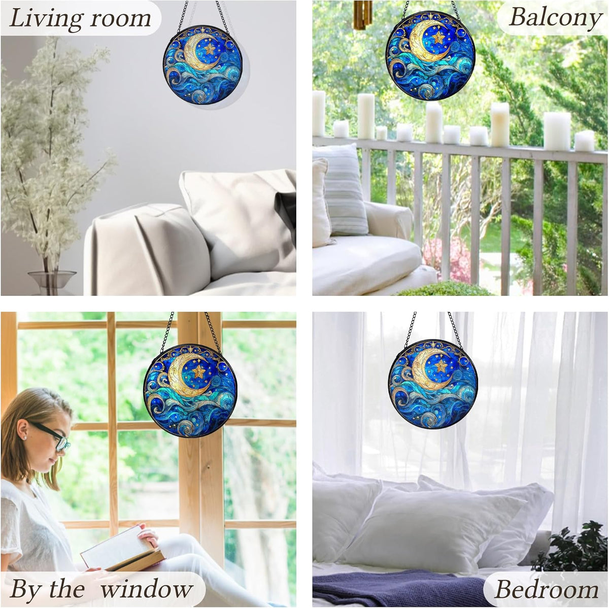 kdqua Moon and Star Suncatcher Stained Glass Window Hanging, Blue Celestial Astronomy Sun Catchers