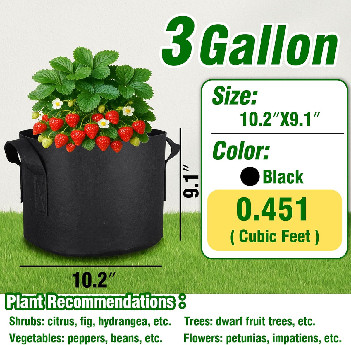 PHYEX 12-Pack 3 Gallon Grow Bags, Heavy Duty Fabric Pots with Handles, Reusable Plant Bags for