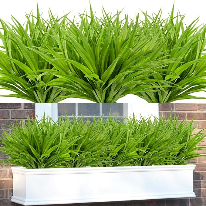 16Pcs Artificial Grass Fake Plants 17.3in 16 Leaves Outdoor Fake Grass UV Resistant Greenery