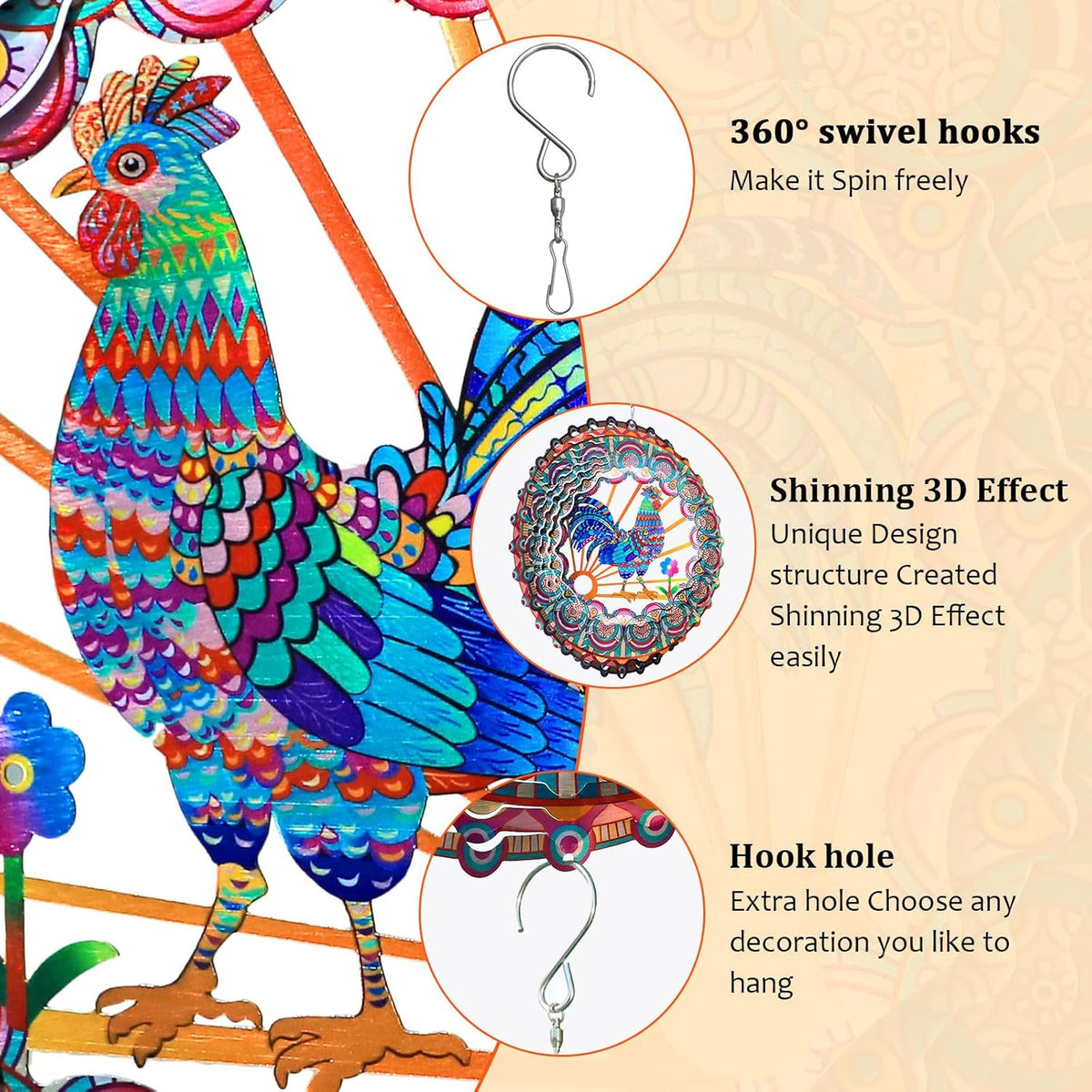 Rooster Wind Spinner - 3D Kinetic Chicken Wind Spinners | 12-Inch Rustproof Metal Hanging