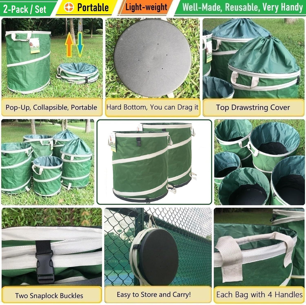 2-Pack 32 Gallon Collapsible Trash Can (19x25 in) Solid Bottom for Yard Waste Bag,Yard Debris