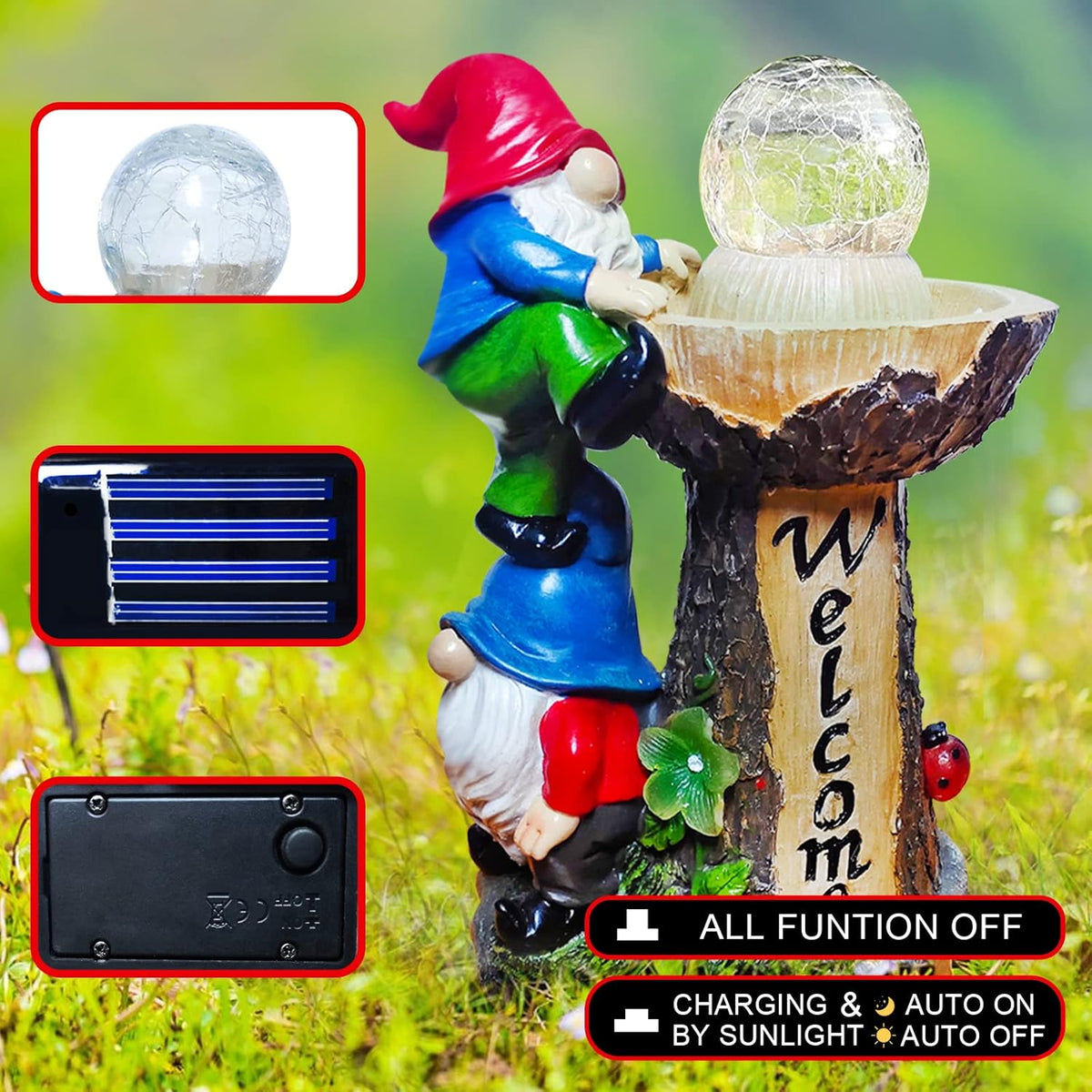 Garden Gnome Statues, Garden Statues for Outside with Solar LED Lights,10.4 in Funny Double Gnomes
