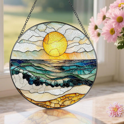 8-Inch Stained Glass Ornament, Stained Glass Window Hanging, Window Hanging Decor Suncatcher, Beach