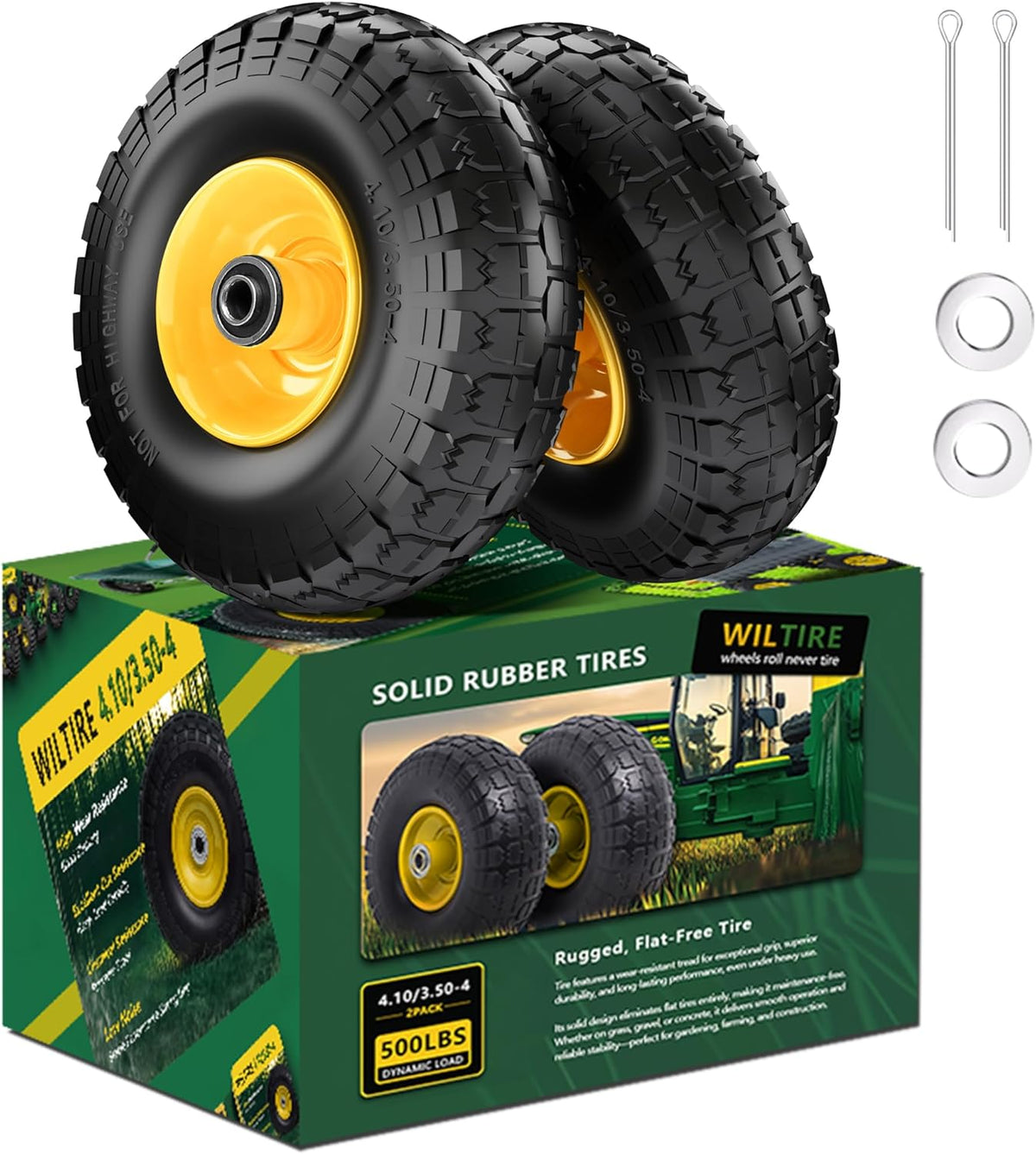 (2 Pack) 4.10/3.50-4 Flat Free Tire and Wheel 10-Inch Solid Wheel Replacement with 5/8