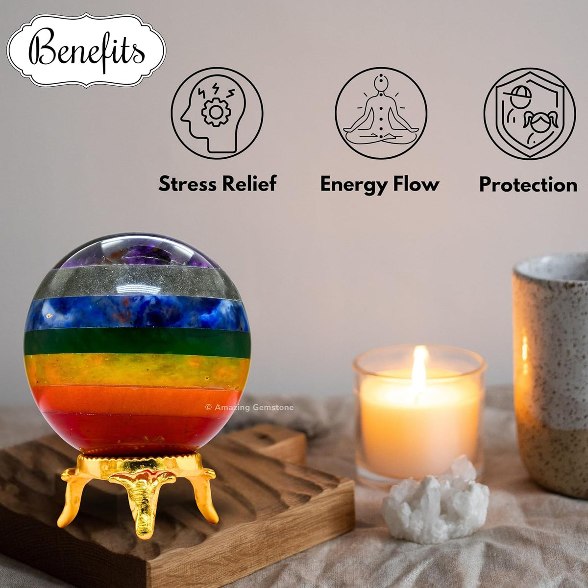 Amazing Gemstone Chakra Crystal Ball with Stand - 2 Inches Crystal Sphere Meditation Balls for