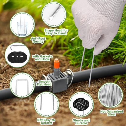 Garden Stakes,6 Inch 11 Gauge 20pcs Galvanized Landscape Staples + 20pcs Gaskets + 1Pick Hook, Tent