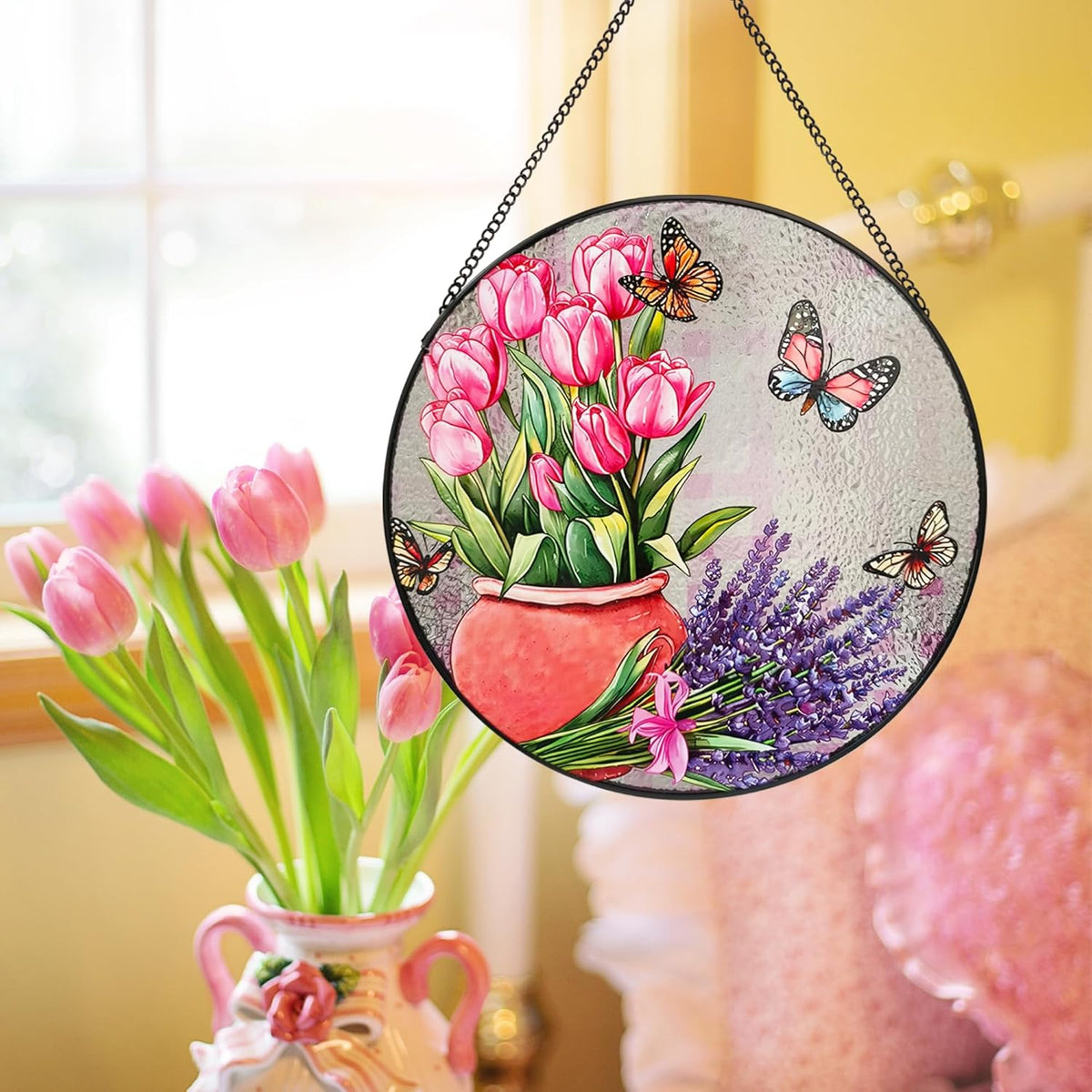 Stained Glass Window Hanging, 9.8'' Tulip Lavender Butterfly Sun Catcher Glass Panel for Window