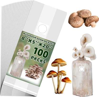 TonGass 100-Pack Large 8"x5"x20" Autoclavable Mushroom Grow Bags Bulk with Microporous Filter