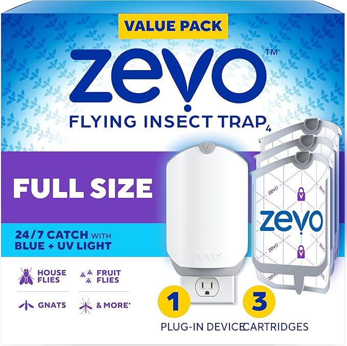 Zevo Flying Insect Trap & 3 Refill Cartridges - Plug in Fly Trap & Indoor Bug Catcher for Gnats