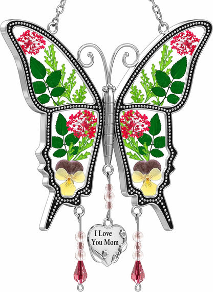 KY&BOSAM Butterfly Suncatcher for Windows Hanging I Love You Mom Stained Glass Wind Chimes Decor