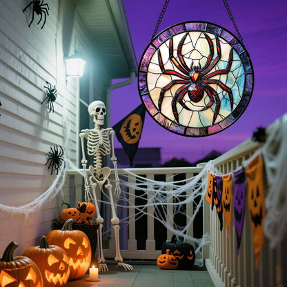 Stained Glass Window Hanging - Halloween Decorations Red Spider Goth Suncatcher for Doors Garden