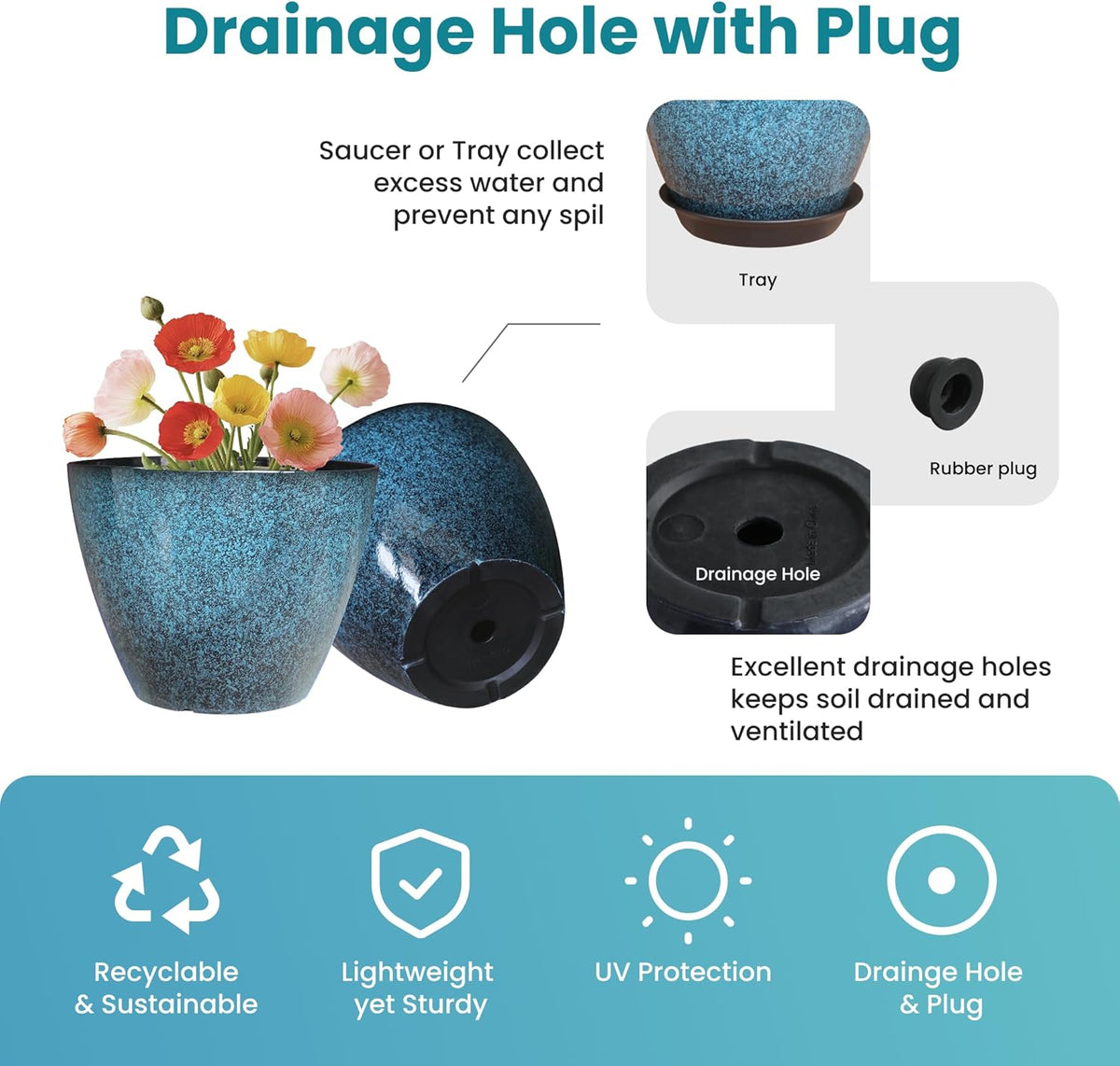 2 Pack Plastic Plant Pots with Drainage Holes, 8 inch Planter for Indoor Outdoor Plant, Garden