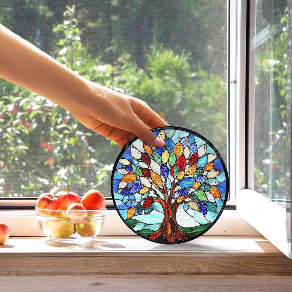 kdqua Tree of Life Suncatcher Stained Glass Window Hanging, Sun Catchers Indoor Window Glass Round