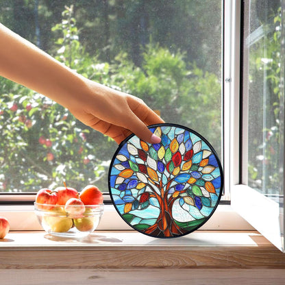 kdqua Tree of Life Suncatcher Stained Glass Window Hanging, Sun Catchers Indoor Window Glass Round