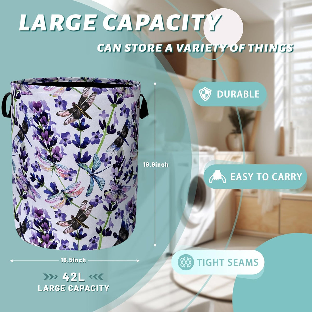 Dragonfly Laundry Basket Foldable With Handles Purple Floral Tote Bag Oxford Cloth Colorful Laundry