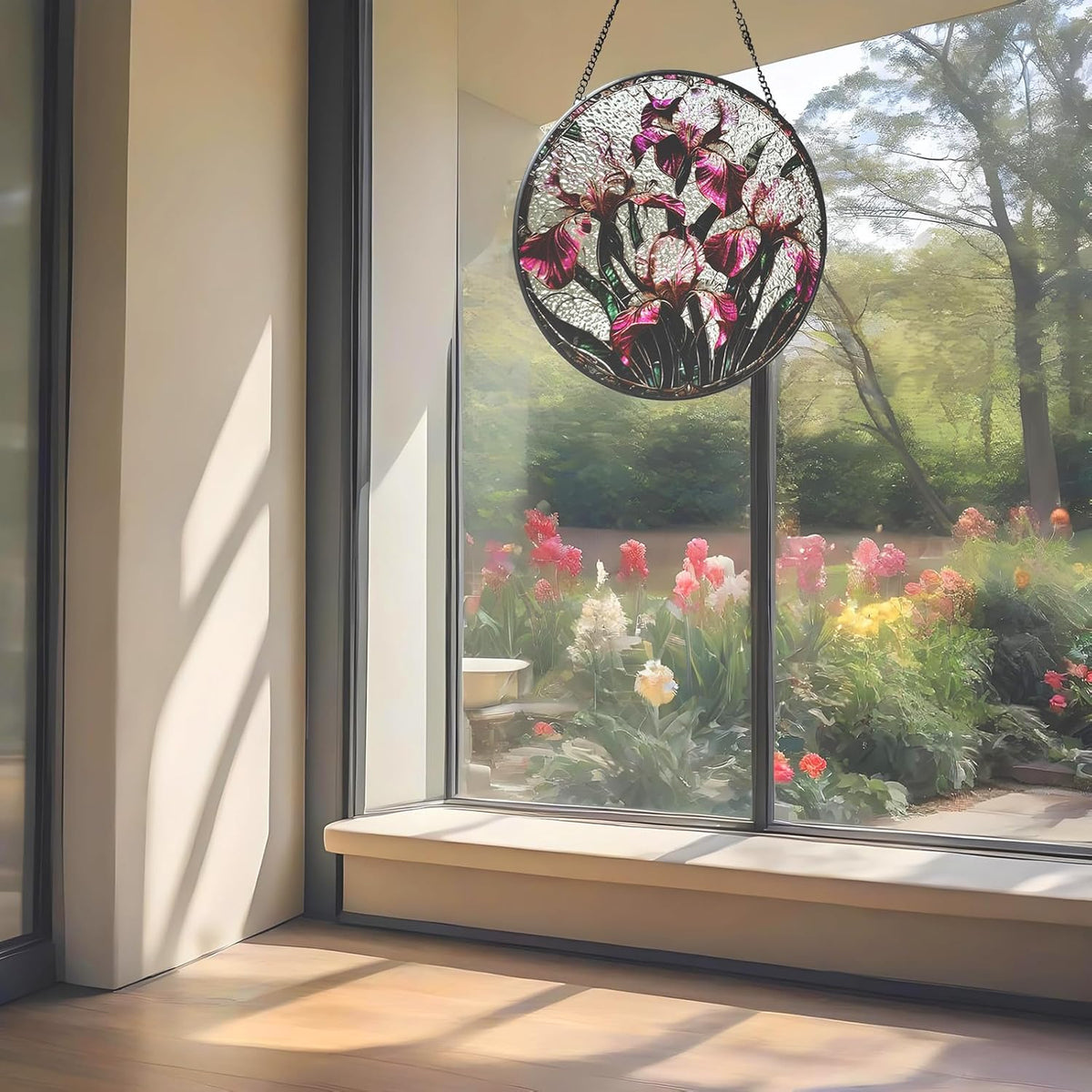 Floral Stained Glass Window Hanging - Iris Design Handmade Suncatcher, Luyseyha 8 Inch Sun Catcher