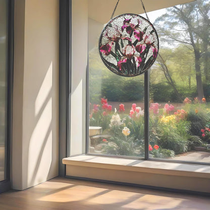 Floral Stained Glass Window Hanging - Iris Design Handmade Suncatcher, Luyseyha 8 Inch Sun Catcher