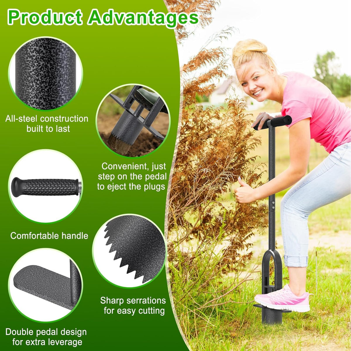 Dolibest Sod Plugger Tool, Grass Plugger Tool with Dual Pedals & Foot Ejector, Bulb Planter W/Sharp