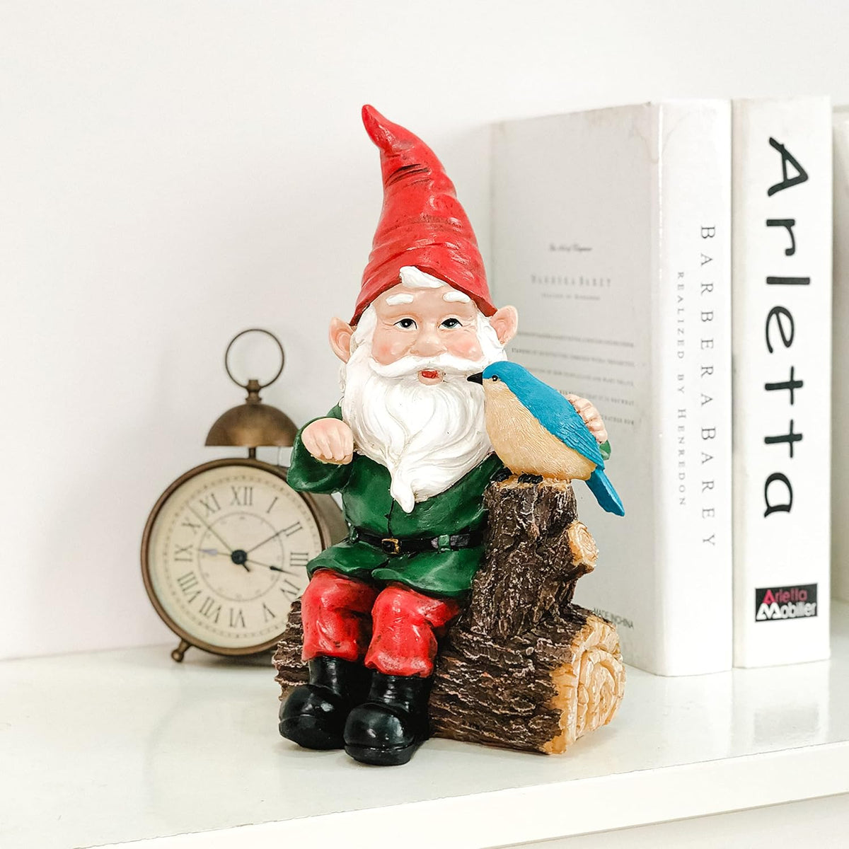 Garden Gnome Statues with Bird Resin Sculpture Gnome Sitting on The Stump Outdoor Statues for