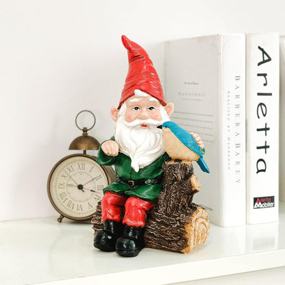 Garden Gnome Statues with Bird Resin Sculpture Gnome Sitting on The Stump Outdoor Statues for